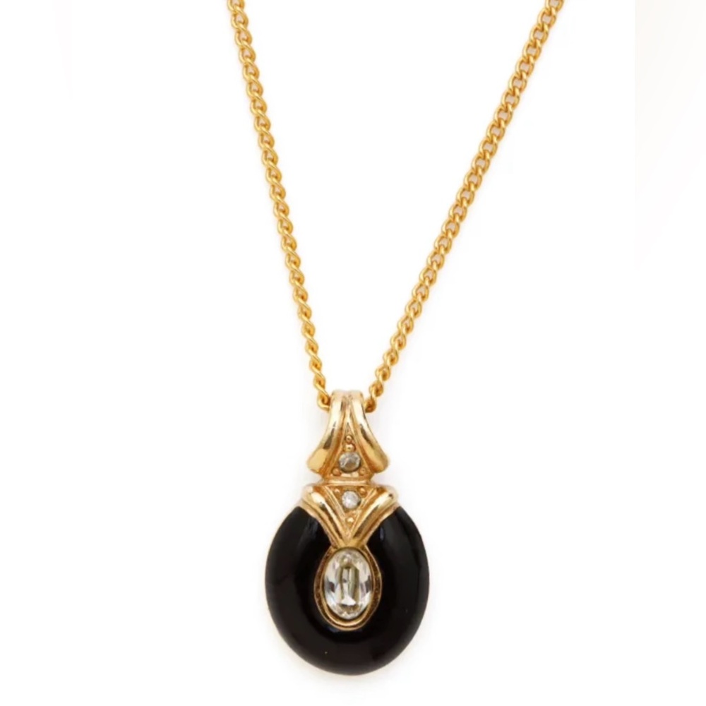 DIOR Black Enamel and Rhinestone Embellished Pendant Necklace - Picture 2 of 11